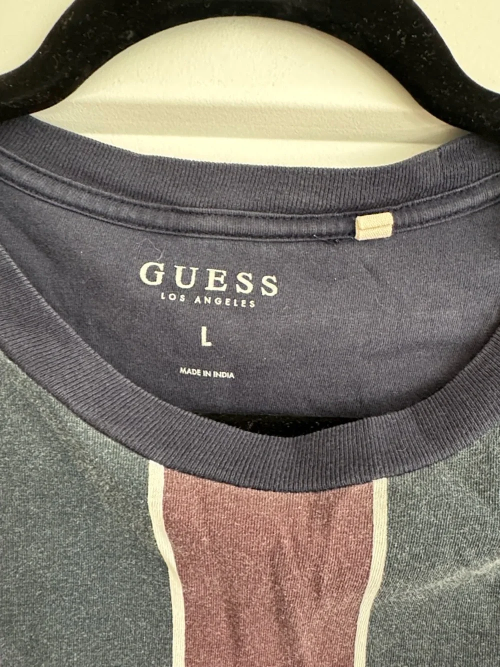 GUESS Men's Striped Crew Neck Tee - Burgundy & Charcoal - Picture 3 of 4
